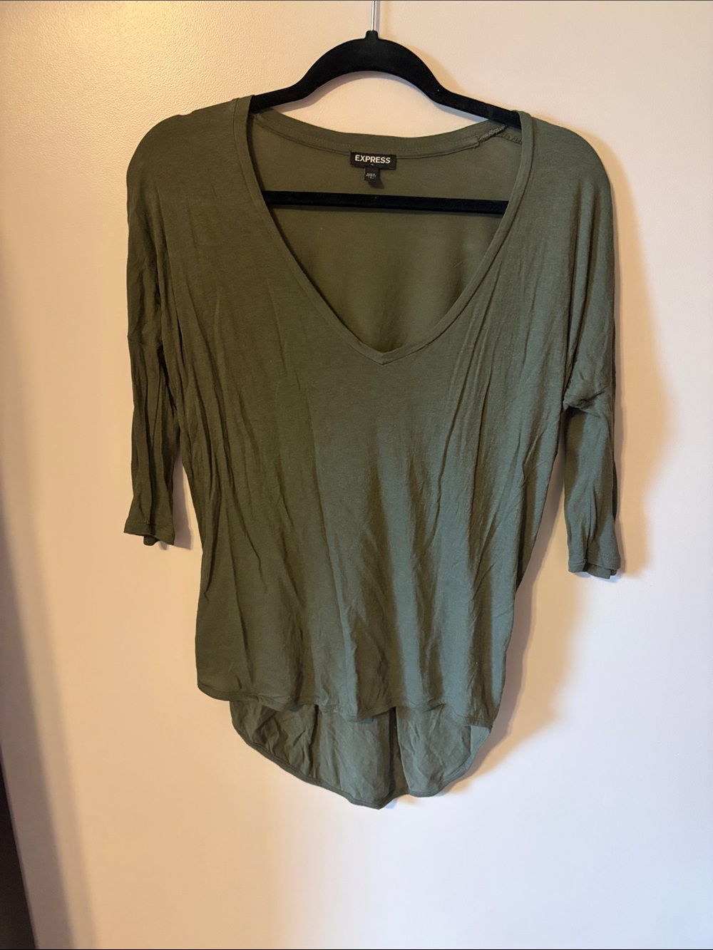 Express Olive Green V-Neck Hi-Low Top